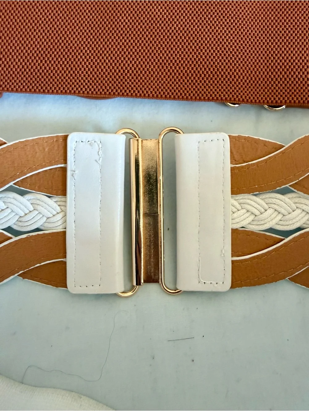 2 Elastic Braided Waist Belts - Tan and White